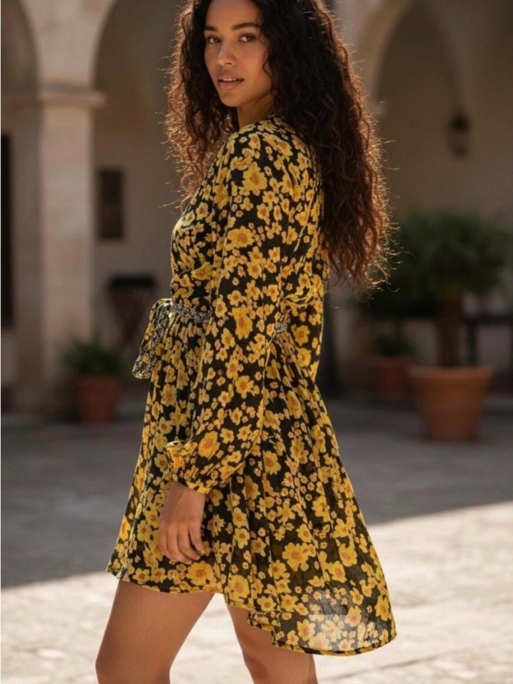 Free People Black and Yellow Floral Mini Dress NWT $138 - Picture 2 of 9